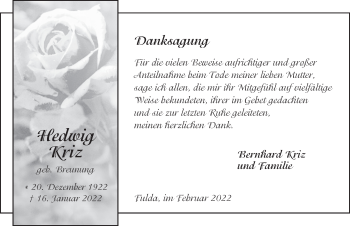 Traueranzeige von Hedwig Kriz von FZ
