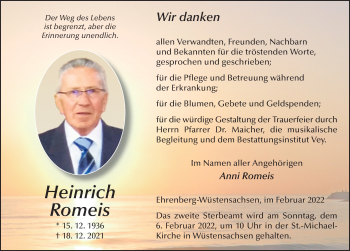 Traueranzeige von Heinrich Romeis von FZ