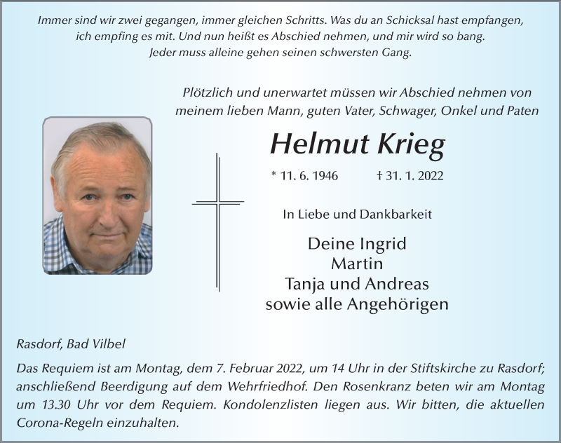  Traueranzeige für Helmut Krieg vom 05.02.2022 aus FZ