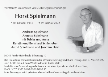 Traueranzeige von Horst Spielmann von FZ