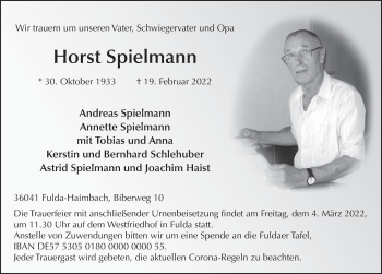 Traueranzeige von Horst Spielmann