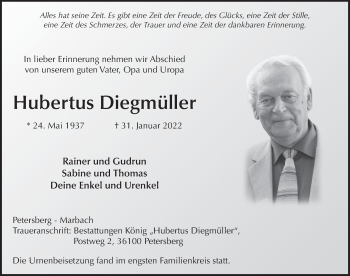 Traueranzeige von Hubertus Diegmüller