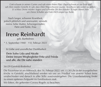 Traueranzeige von Irene Reinhardt von FZ