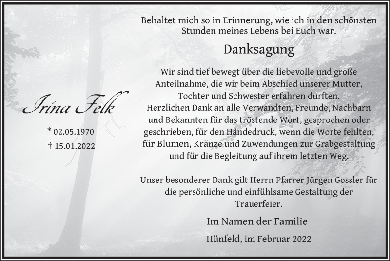  Traueranzeige für Irina Felk vom 19.02.2022 aus FZ
