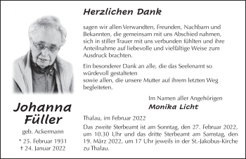 Traueranzeige von Johanna Füller von FZ