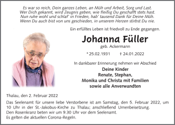 Traueranzeige von Johanna Füller von FZ