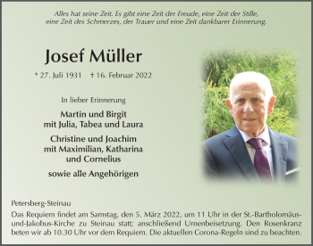 Traueranzeige von Josef Müller