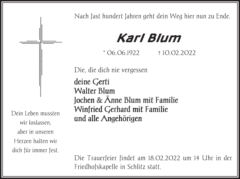  Traueranzeige für Karl Blum vom 15.02.2022 aus FZ