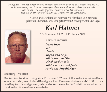 Traueranzeige von Karl Hahner von FZ