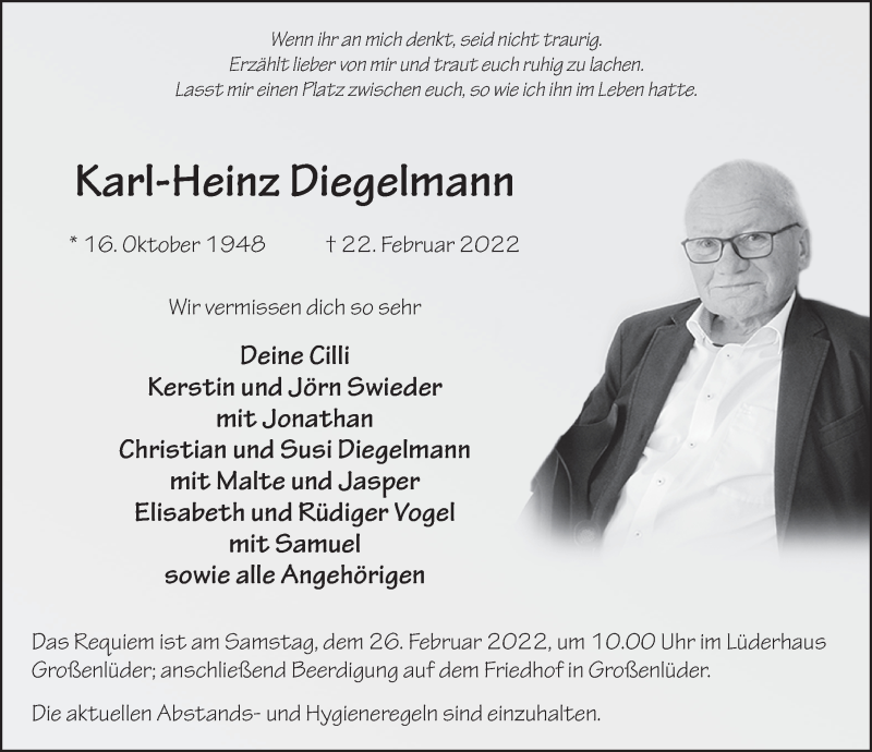  Traueranzeige für Karl-Heinz Diegelmann vom 25.02.2022 aus FZ