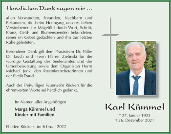 Traueranzeige von Karl Kümmel von FZ