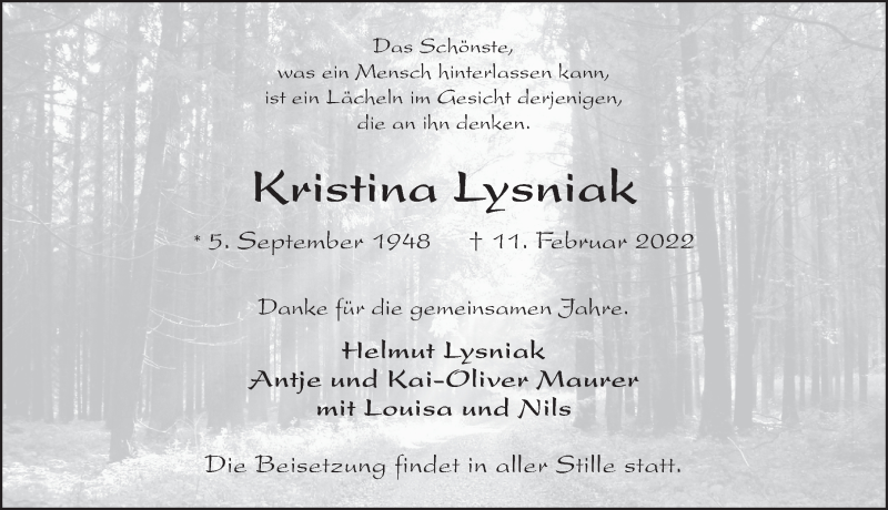  Traueranzeige für Kristina Lysniak vom 25.02.2022 aus FZ