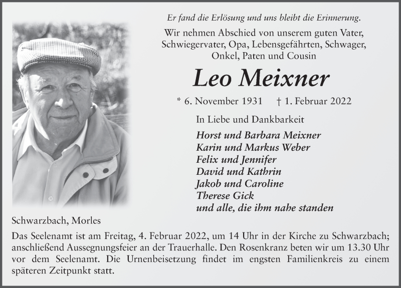  Traueranzeige für Leo Meixner vom 03.02.2022 aus FZ