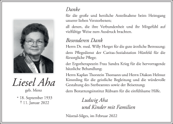Traueranzeige von Liesel Aha von FZ