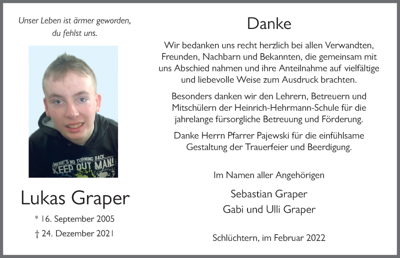  Traueranzeige für Lukas Graper vom 07.02.2022 aus FZ