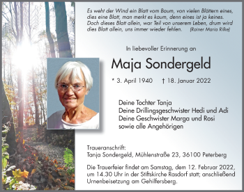 Traueranzeige von Maja Sondergeld von FZ