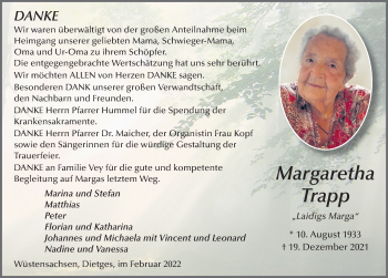 Traueranzeige von Margaretha Trapp von FZ