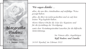 Traueranzeige von Margretha Budenz von FZ