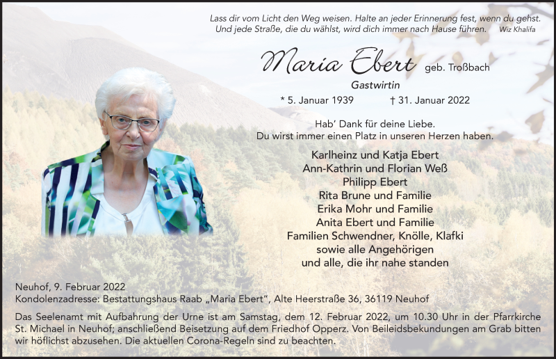  Traueranzeige für Maria Ebert vom 09.02.2022 aus FZ