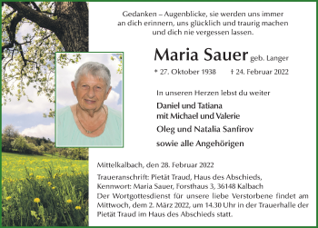 Traueranzeige von Maria Sauer von FZ