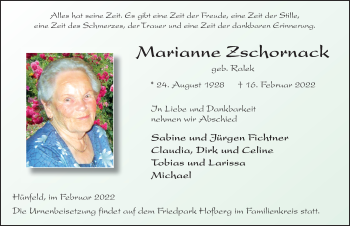 Traueranzeige von Marianne Zschornack von FZ