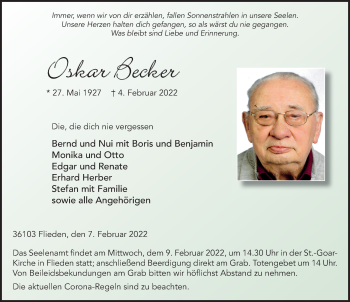 Traueranzeige von Oskar Becker von FZ