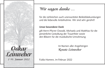 Traueranzeige von Oskar Leinweber von FZ