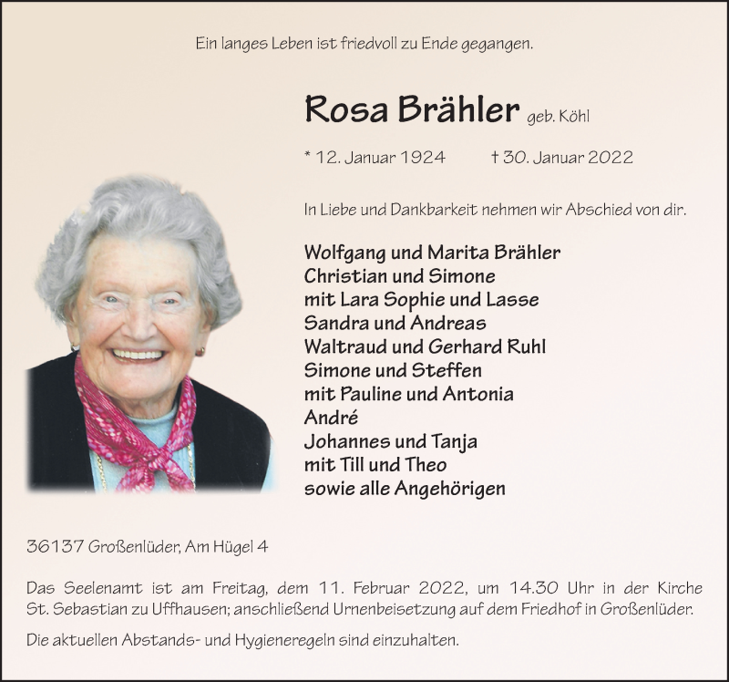  Traueranzeige für Rosa Brähler vom 08.02.2022 aus FZ