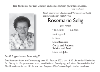 Traueranzeige von Rosemarie Selig von FZ