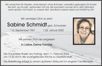 Traueranzeige von Sabine Schmidt von FZ