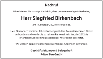 Traueranzeige von Siegfried Birkenbach von FZ