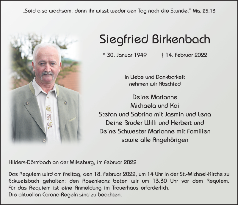  Traueranzeige für Siegfried Birkenbach vom 17.02.2022 aus FZ
