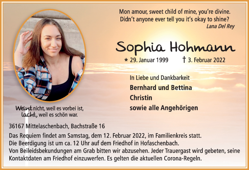  Traueranzeige für Sophia Hohmann vom 09.02.2022 aus FZ