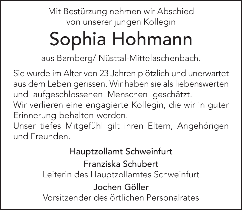 Traueranzeige für Sophia Hohmann vom 09.02.2022 aus FZ