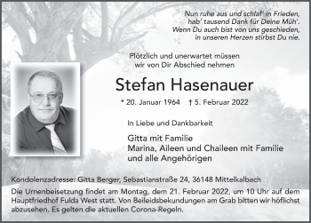 Traueranzeige von Stefan Hasenauer von FZ