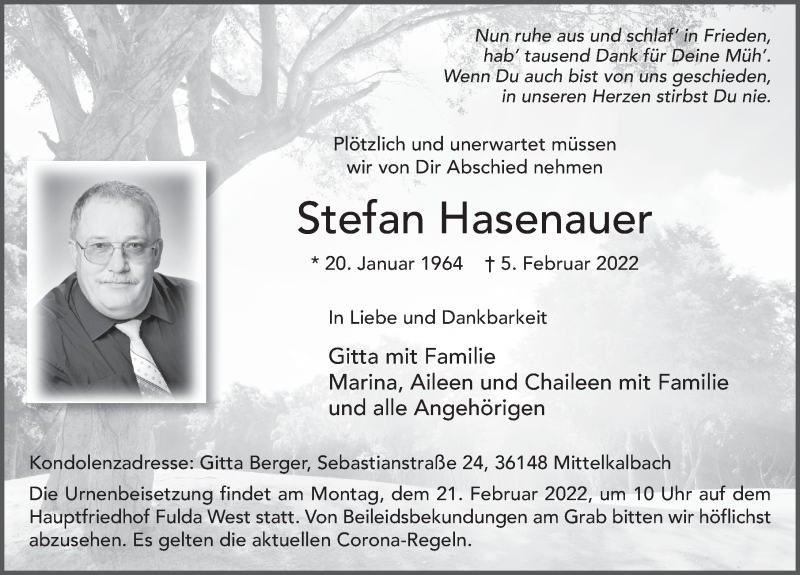  Traueranzeige für Stefan Hasenauer vom 16.02.2022 aus FZ