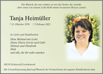 Traueranzeige von Tanja Heimüller von FZ