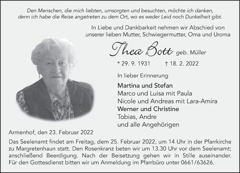  Traueranzeige für Thea Bott vom 23.02.2022 aus FZ