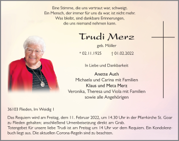Traueranzeige von Trudi Merz von FZ