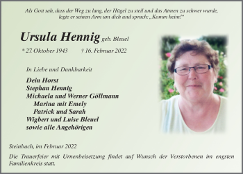 Traueranzeige von Ursula Hennig von FZ