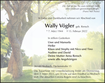 Traueranzeige von Wally Vögler von FZ