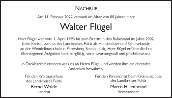 Traueranzeige von Walter Flügel