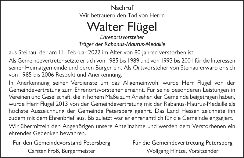  Traueranzeige für Walter Flügel vom 15.02.2022 aus FZ