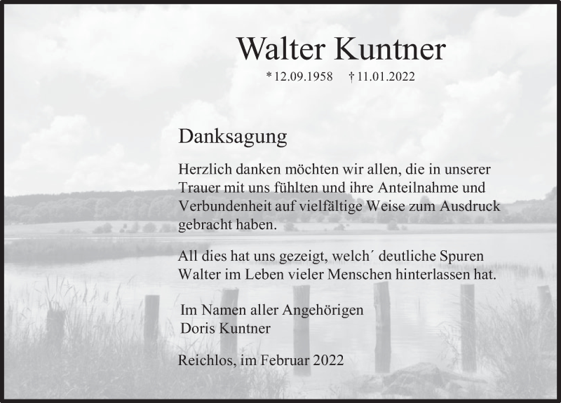  Traueranzeige für Walter Kuntner vom 19.02.2022 aus FZ