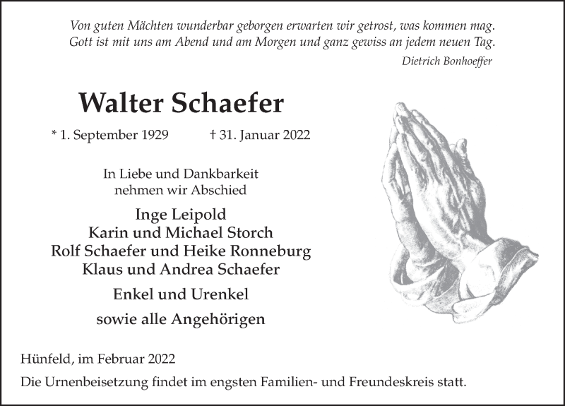  Traueranzeige für Walter Schaefer vom 05.02.2022 aus FZ