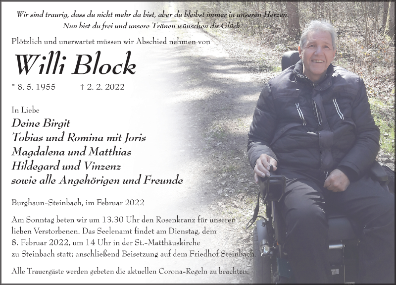  Traueranzeige für Willi Block vom 05.02.2022 aus FZ