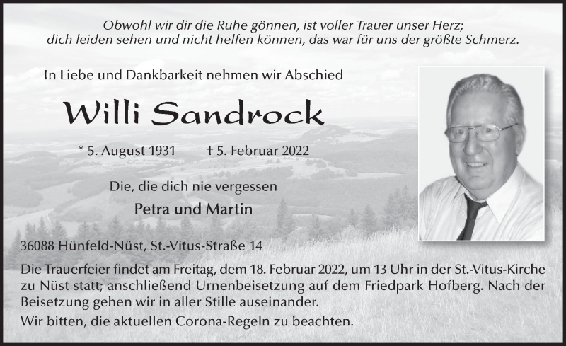  Traueranzeige für Willi Sandrock vom 15.02.2022 aus FZ