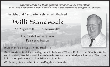Traueranzeige von Willi Sandrock von FZ