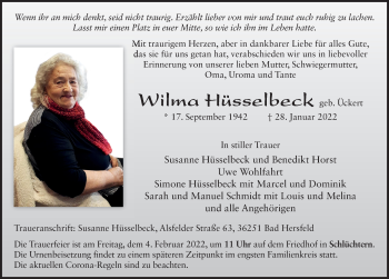 Traueranzeige von Wilma Hüsselbeck von FZ