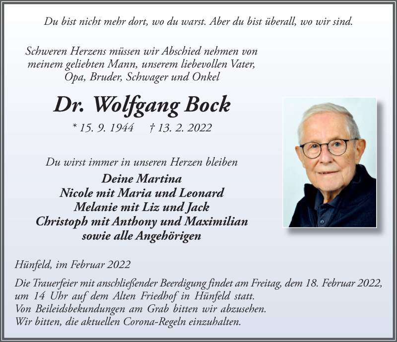  Traueranzeige für Wolfgang Bock vom 16.02.2022 aus FZ